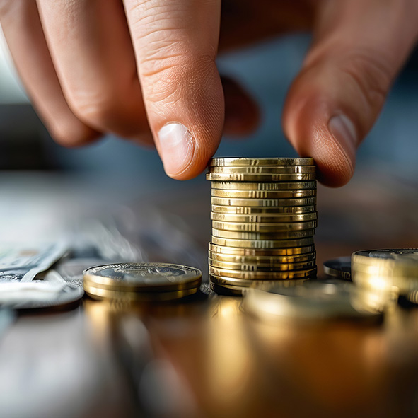 Person adding coins to coin stack.