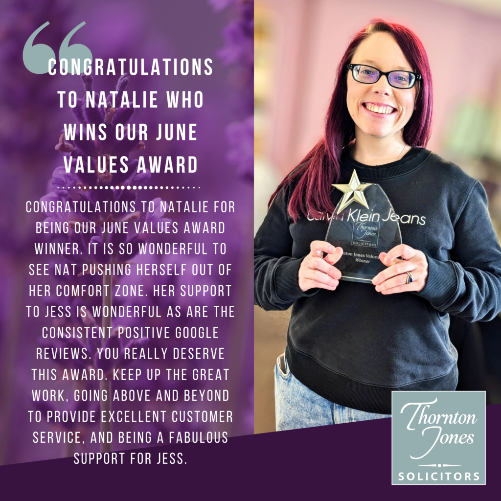 Picture showing Natalie Byers-Nolan winning our June 2024 Values Award